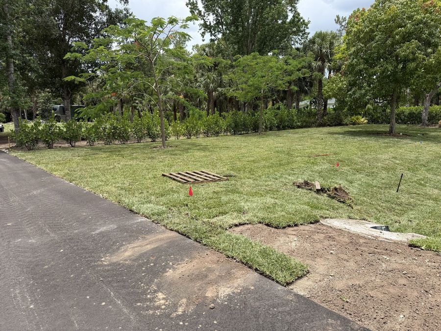 Sod being laid along a new driveway, empty pallet on the lawn